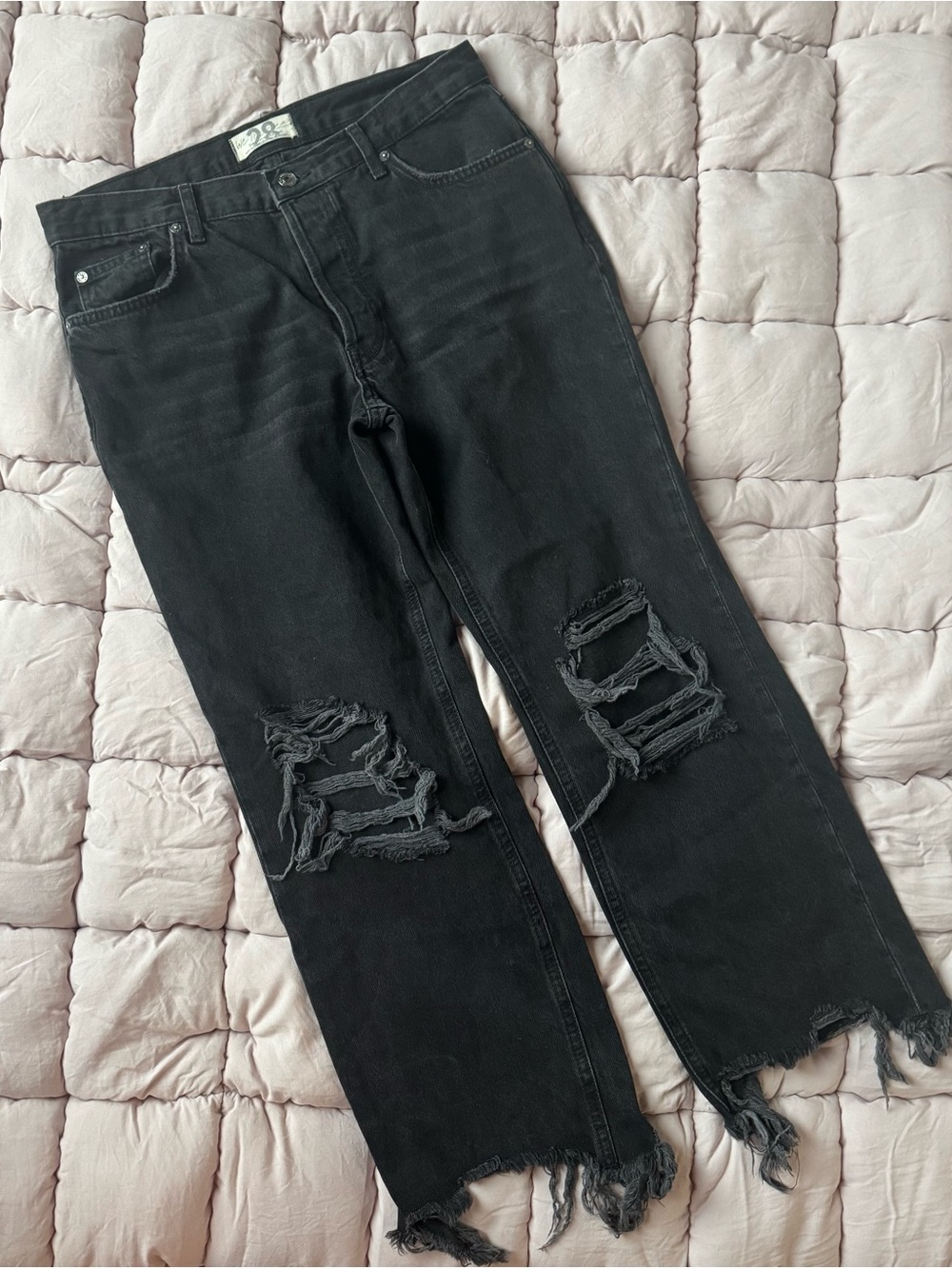 We The Free Free People Black Ripped Ankle Jeans with Frayed Hem size 28